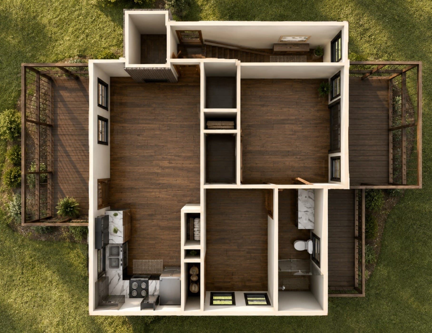 Dimension-free 3D preview of the Hillside Cottage main level