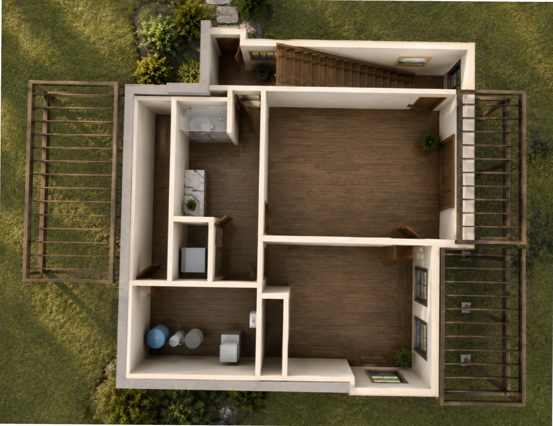 Dimension-free 3D preview of the Hillside Cottage terrace level