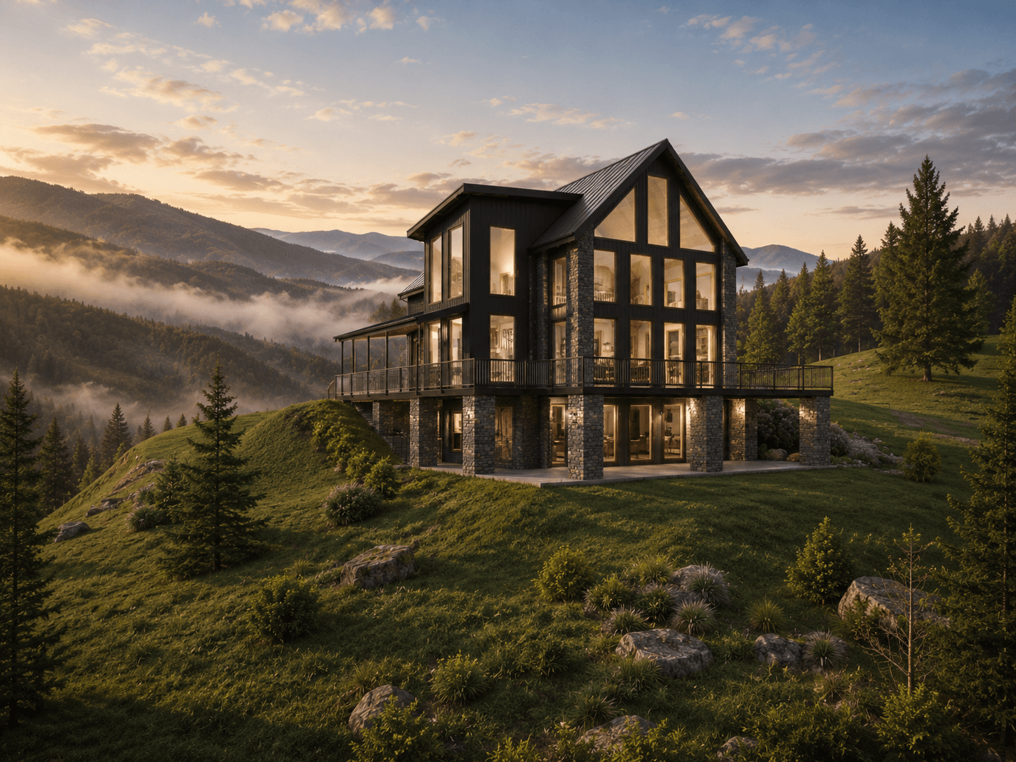 Bearpaw Retreat from a wide mountain perspective at golden hour