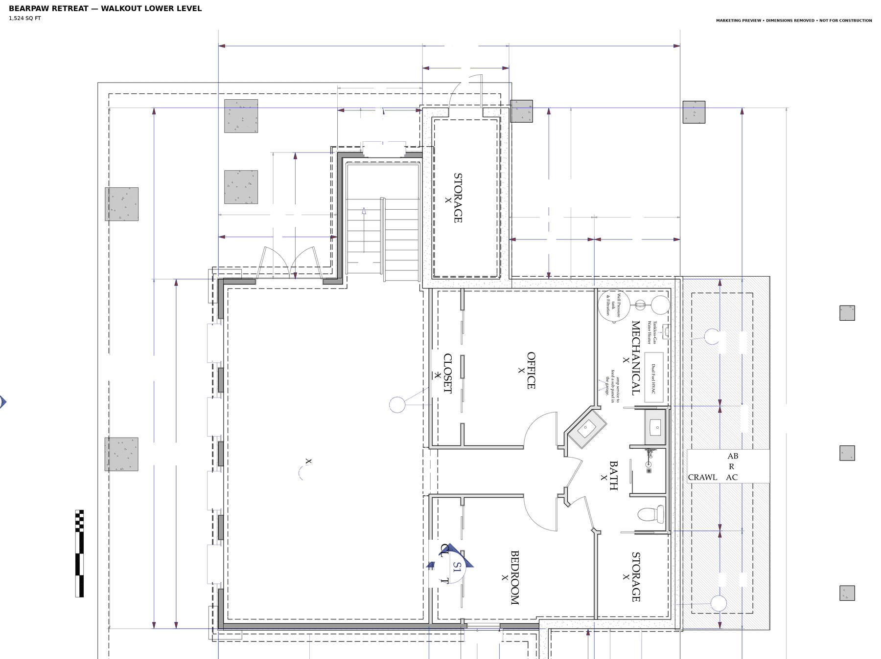 Dimension-free Bearpaw Retreat walkout lower-level floor plan marketing preview