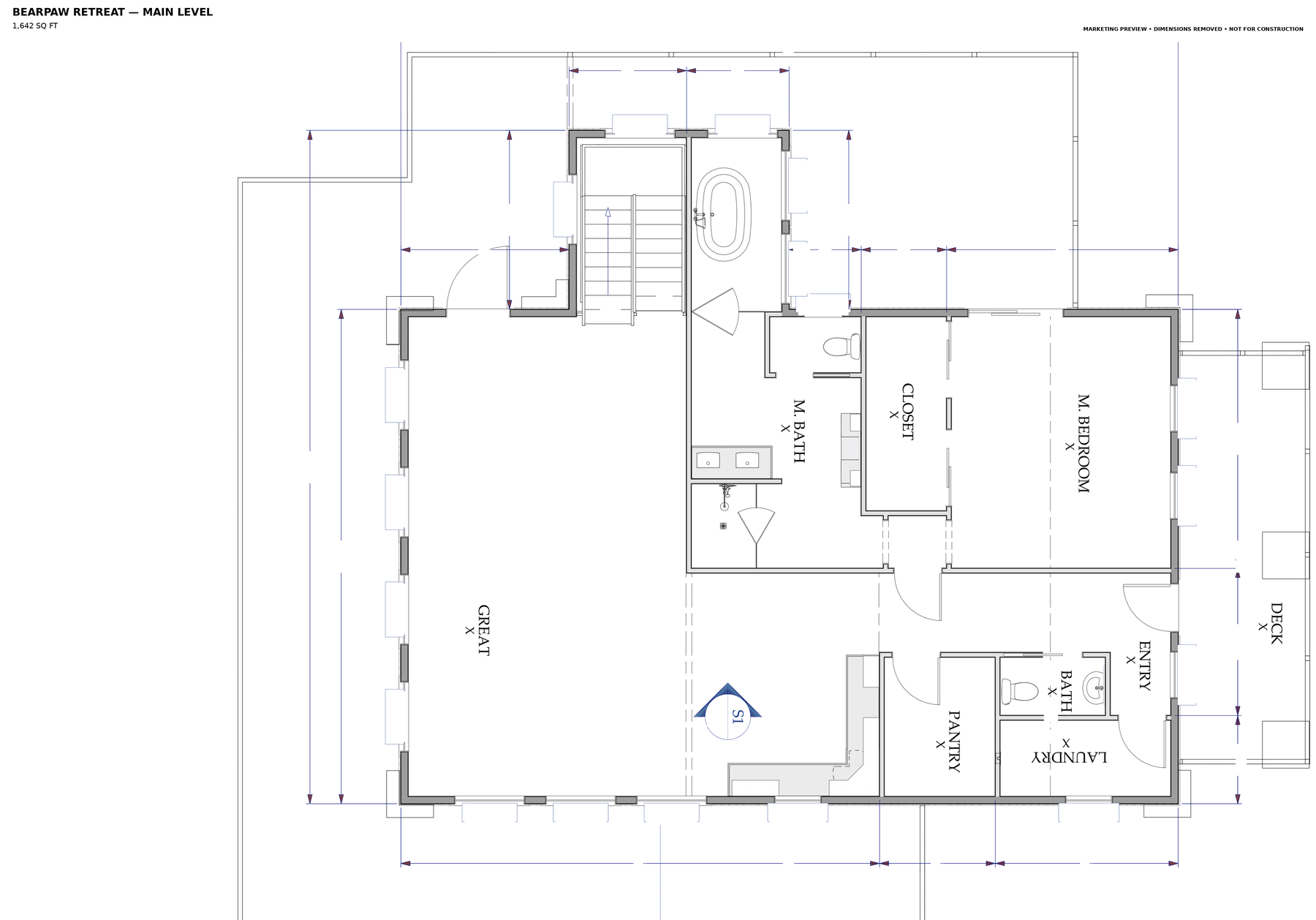 Dimension-free Bearpaw Retreat main-level floor plan marketing preview