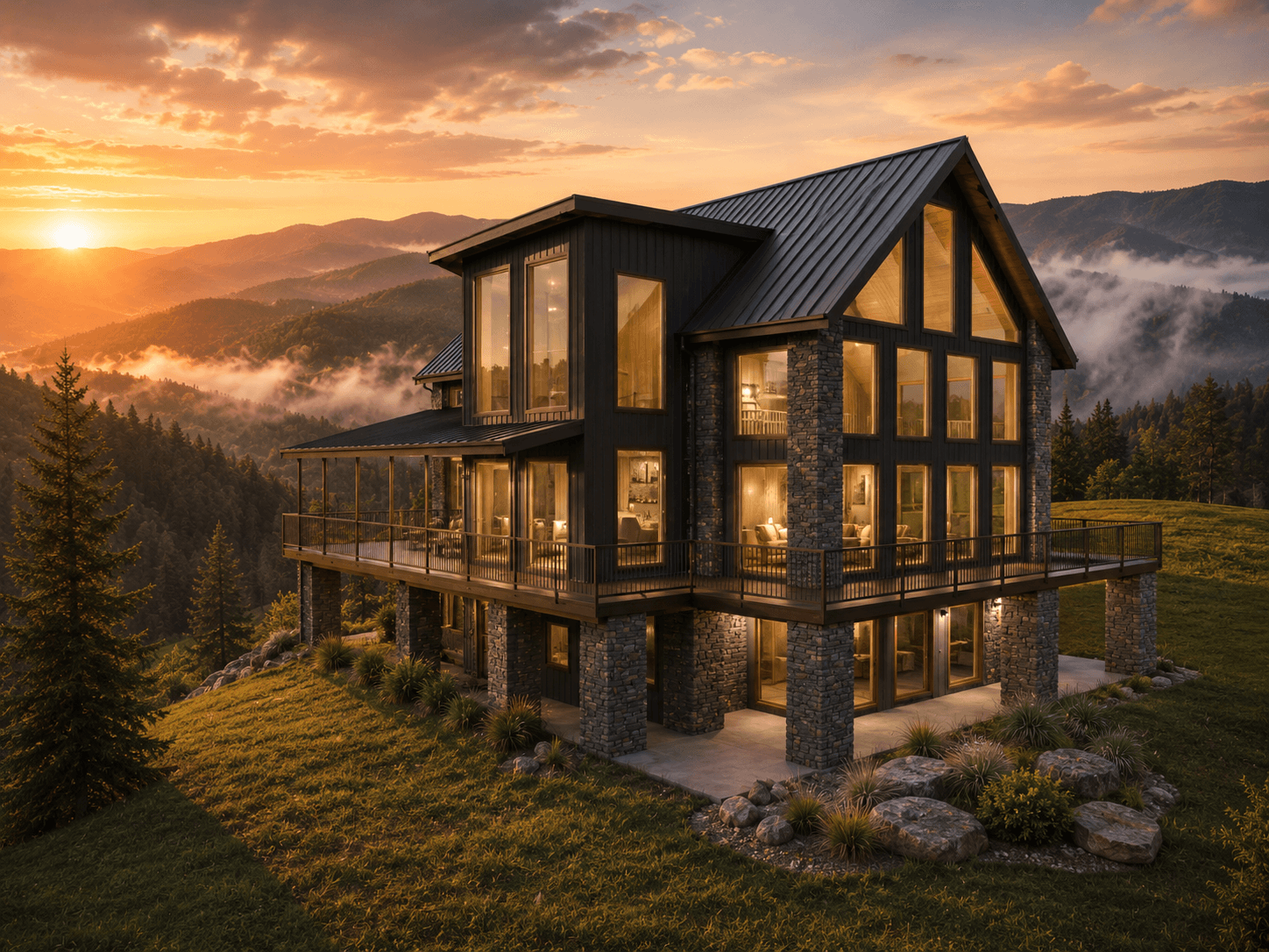 Bearpaw Retreat side perspective showing wraparound deck and walkout lower level