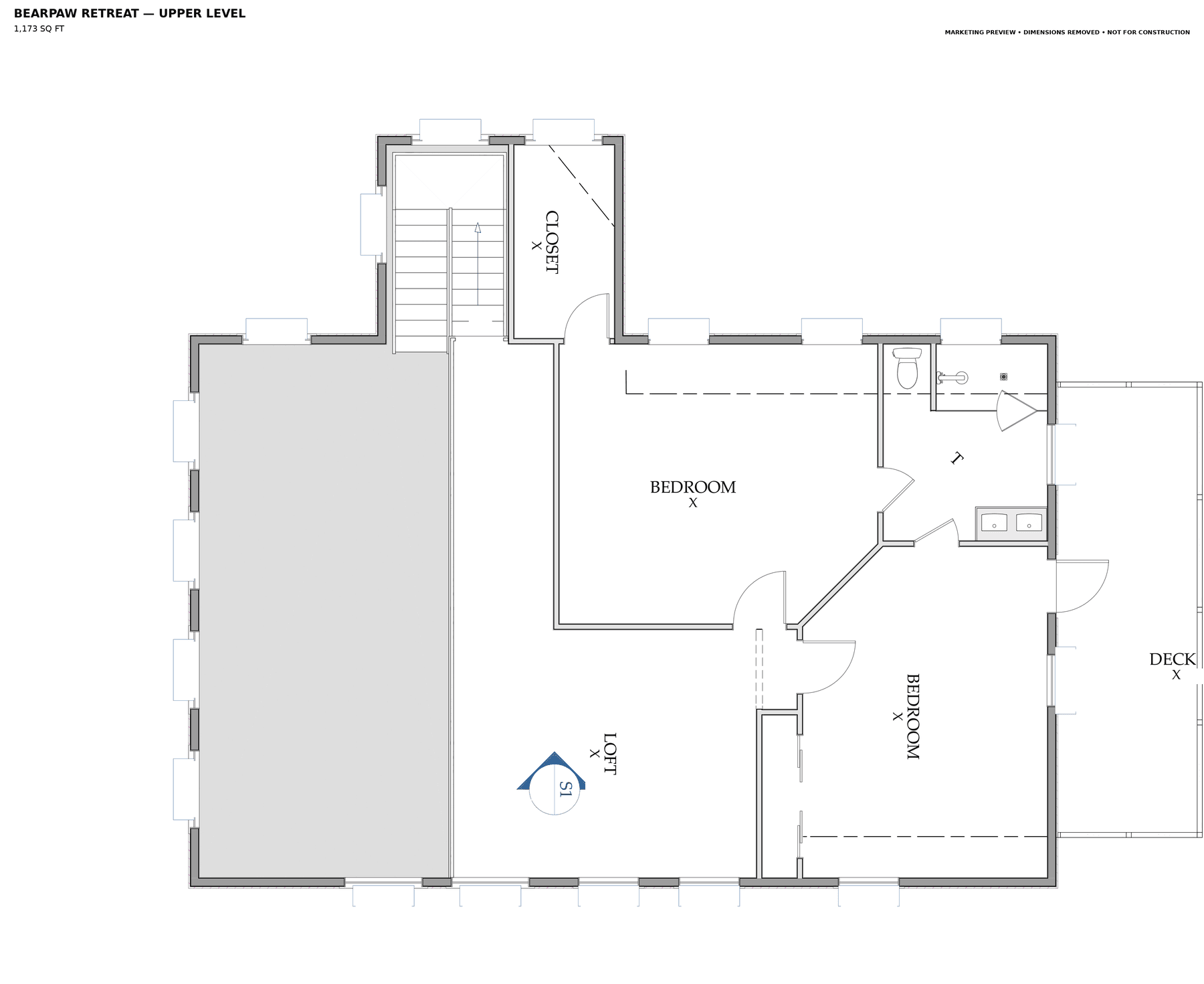 Dimension-free Bearpaw Retreat upper-level floor plan marketing preview