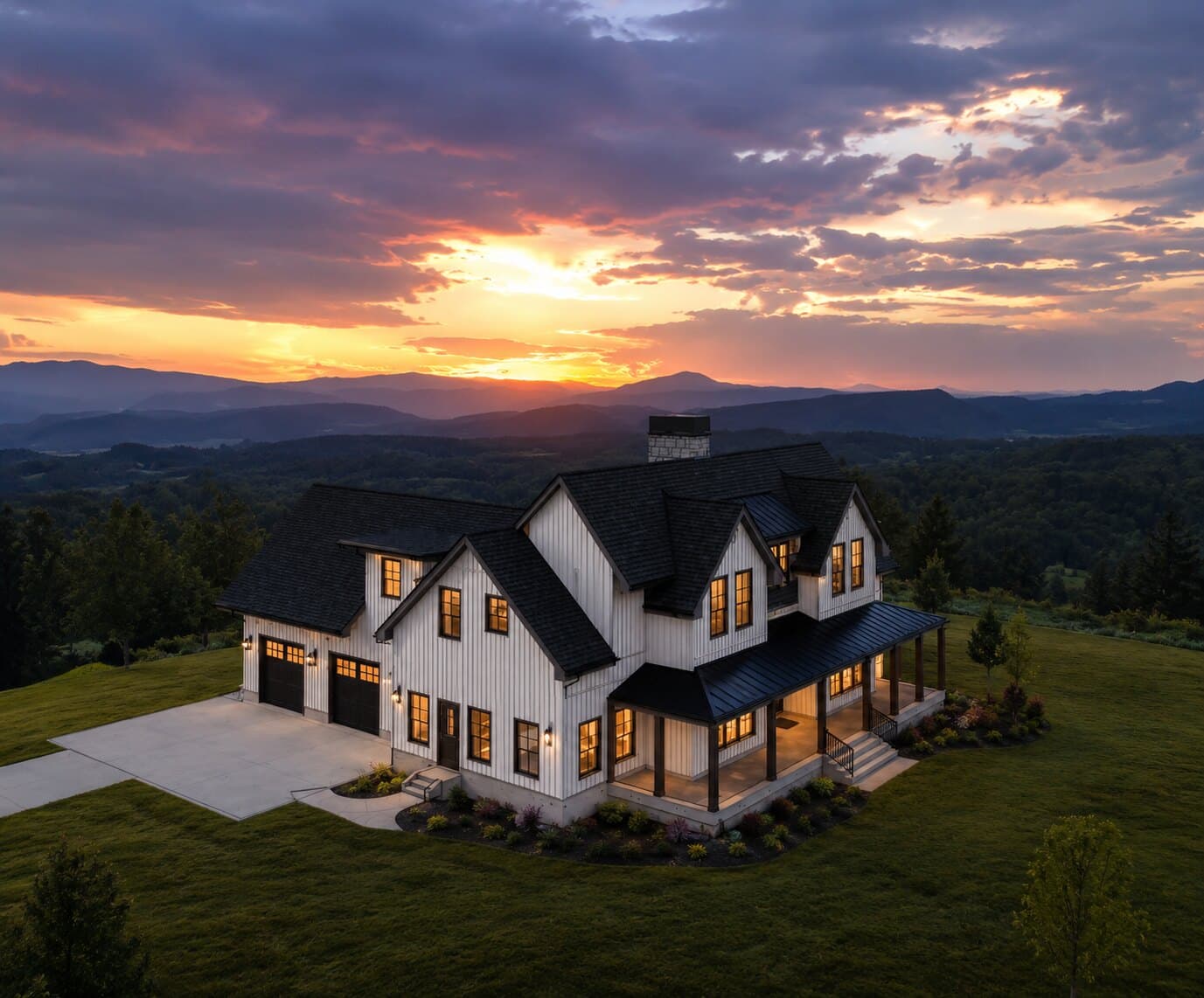Aerial exterior rendering of Hawthorne Ridge in a mountain landscape