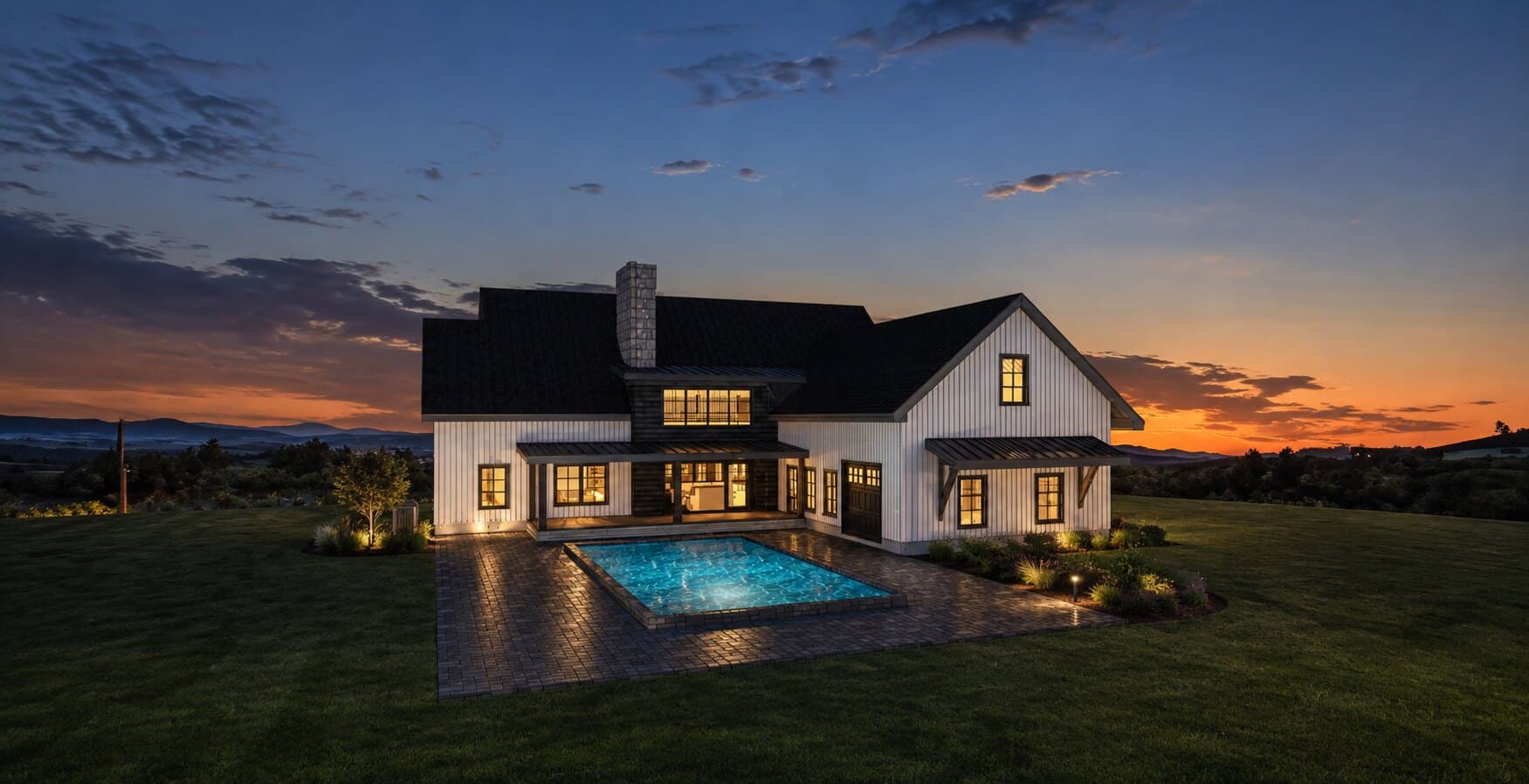 Rear exterior rendering of Hawthorne Ridge with an optional pool courtyard